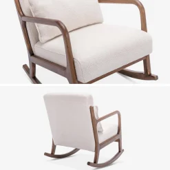 Scandinavische schommelstoel walnootkleurig hout en bouclé