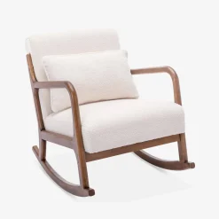 Scandinavische schommelstoel walnootkleurig hout en bouclé