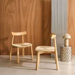 Scandinavische stoelen van rubberhout met zitting van touw (set van 2)