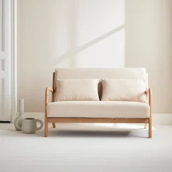 Scandinavische 2-zitsbank naturelkleurig hout en stof