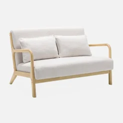 Scandinavische 2-zitsbank naturelkleurig hout en bouclé