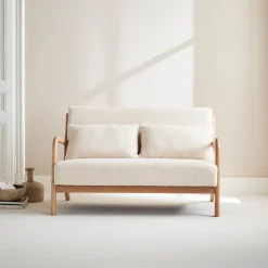 Scandinavische 2-zitsbank naturelkleurig hout en bouclé