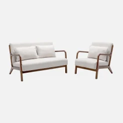 Scandinavische 2-zitsbank walnootkleurig hout en bouclé