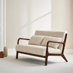 Scandinavische 2-zitsbank walnootkleurig hout en bouclé