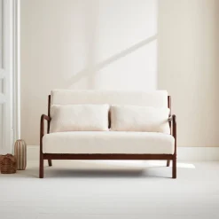 Scandinavische 2-zitsbank walnootkleurig hout en bouclé