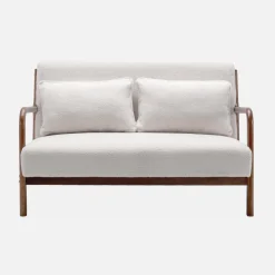 Scandinavische 2-zitsbank walnootkleurig hout en bouclé