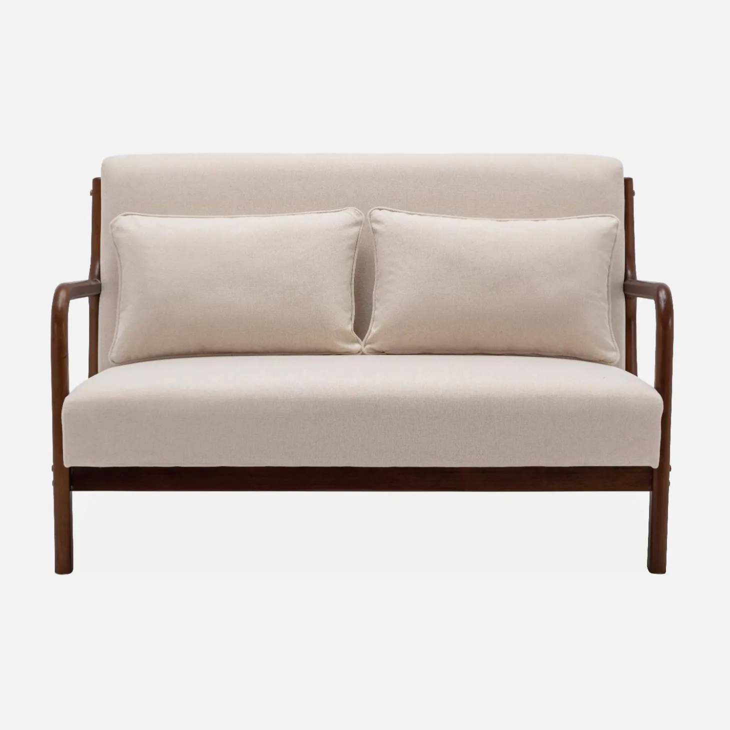 Scandinavische 2-zitsbank walnootkleurig hout en stof
