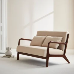 Scandinavische 2-zitsbank walnootkleurig hout en stof