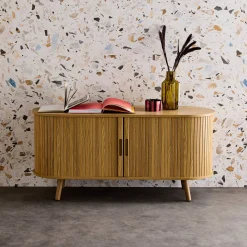 Scandinavisch TV-meubel met 2 gegroefde schuifdeuren met houteffect, 120cm