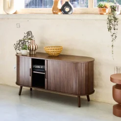 Scandinavisch TV-meubel met 2 gegroefde schuifdeuren met houteffect, 120cm
