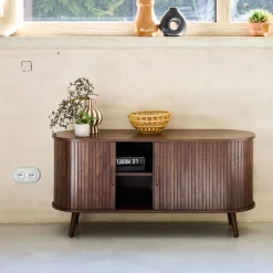 Scandinavisch TV-meubel met 2 gegroefde schuifdeuren met houteffect, 120cm