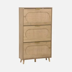 Schoenenkast 3 kleplades houtlook en rotan 75cm