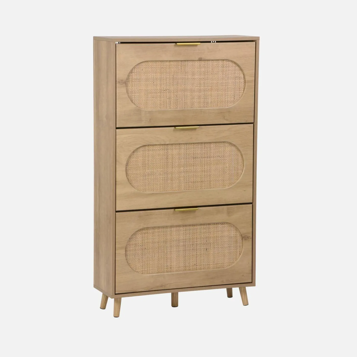 Schoenenkast 3 kleplades houtlook en rotan 75cm