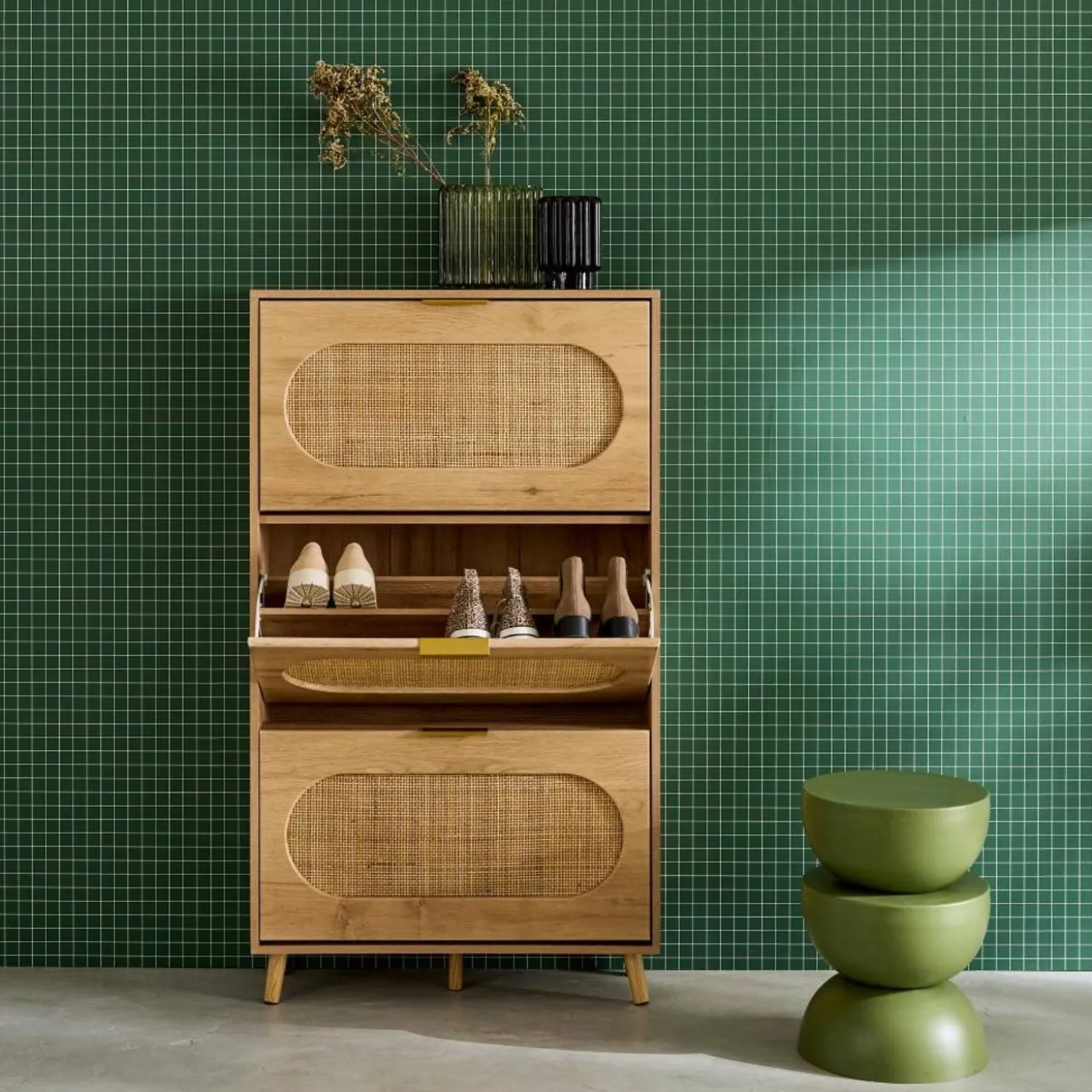 Schoenenkast 3 kleplades houtlook en rotan 75cm