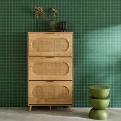 Schoenenkast 3 kleplades houtlook en rotan 75cm