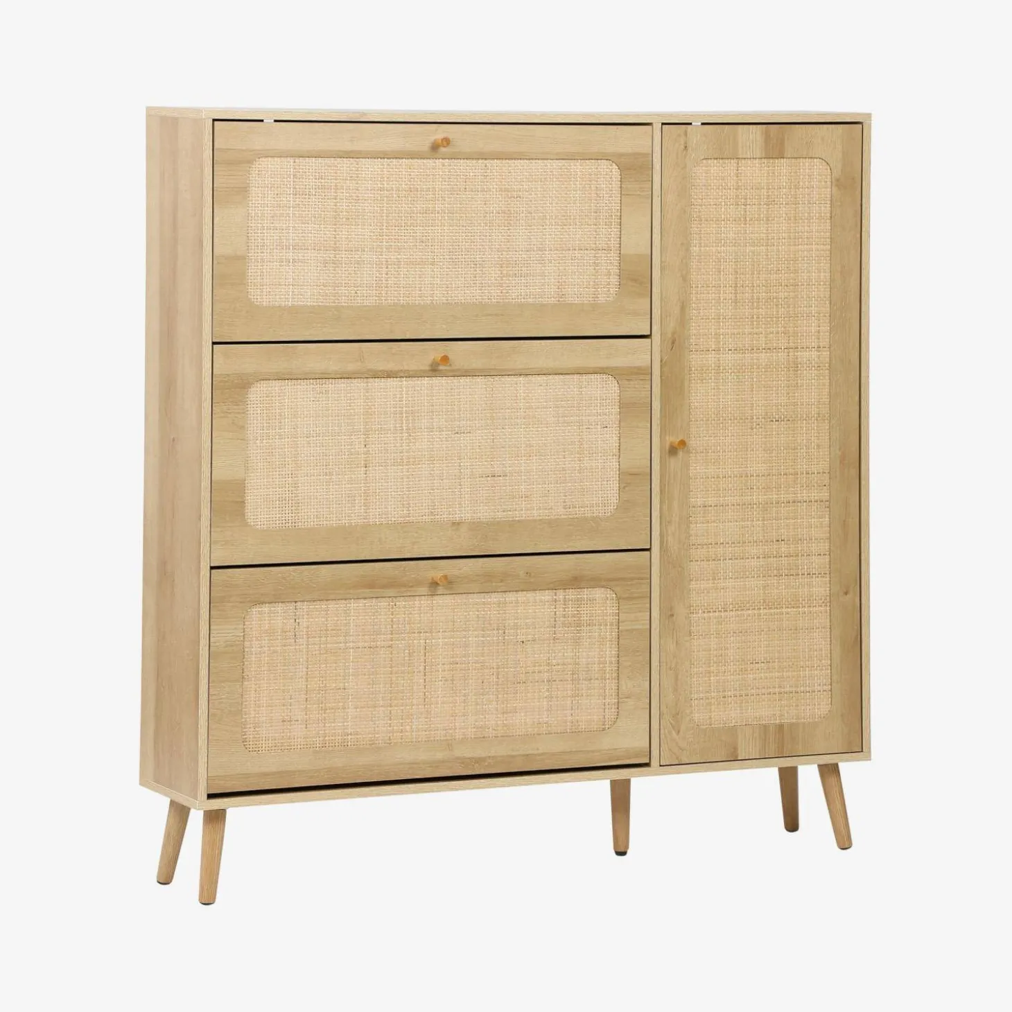 Schoenenkast met 3 kleplades en 1 deur houtdecor en rotan 120cm