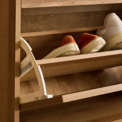 Schoenenkast met 3 kleplades en 1 deur houtdecor en rotan 120cm
