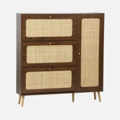 Schoenenkast met 3 kleplades en 1 deur houtdecor en rotan 120cm