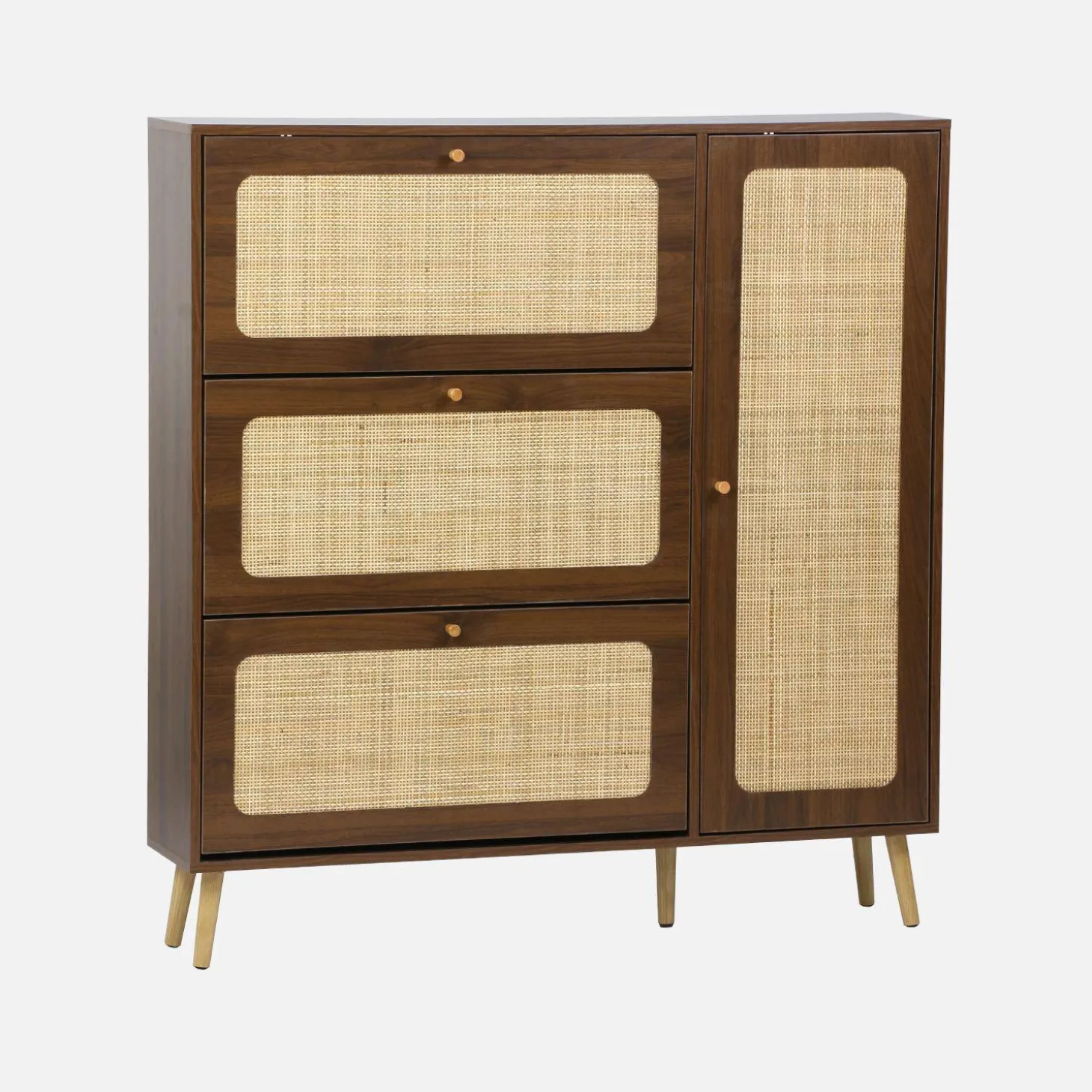 Schoenenkast met 3 kleplades en 1 deur houtdecor en rotan 120cm