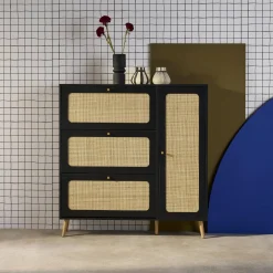 Schoenenkast met 3 kleplades en 1 deur houtdecor en rotan 120cm