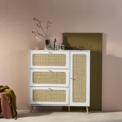 Schoenenkast met 3 kleplades en 1 deur houtdecor en rotan 120cm