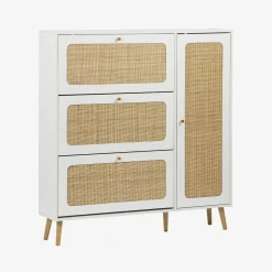 Schoenenkast met 3 kleplades en 1 deur houtdecor en rotan 120cm