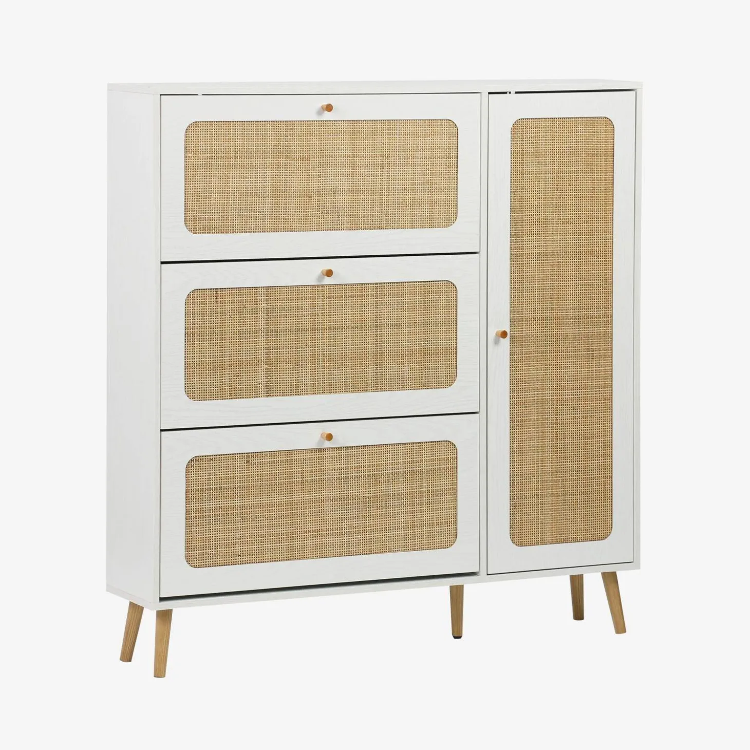 Schoenenkast met 3 kleplades en 1 deur houtdecor en rotan 120cm