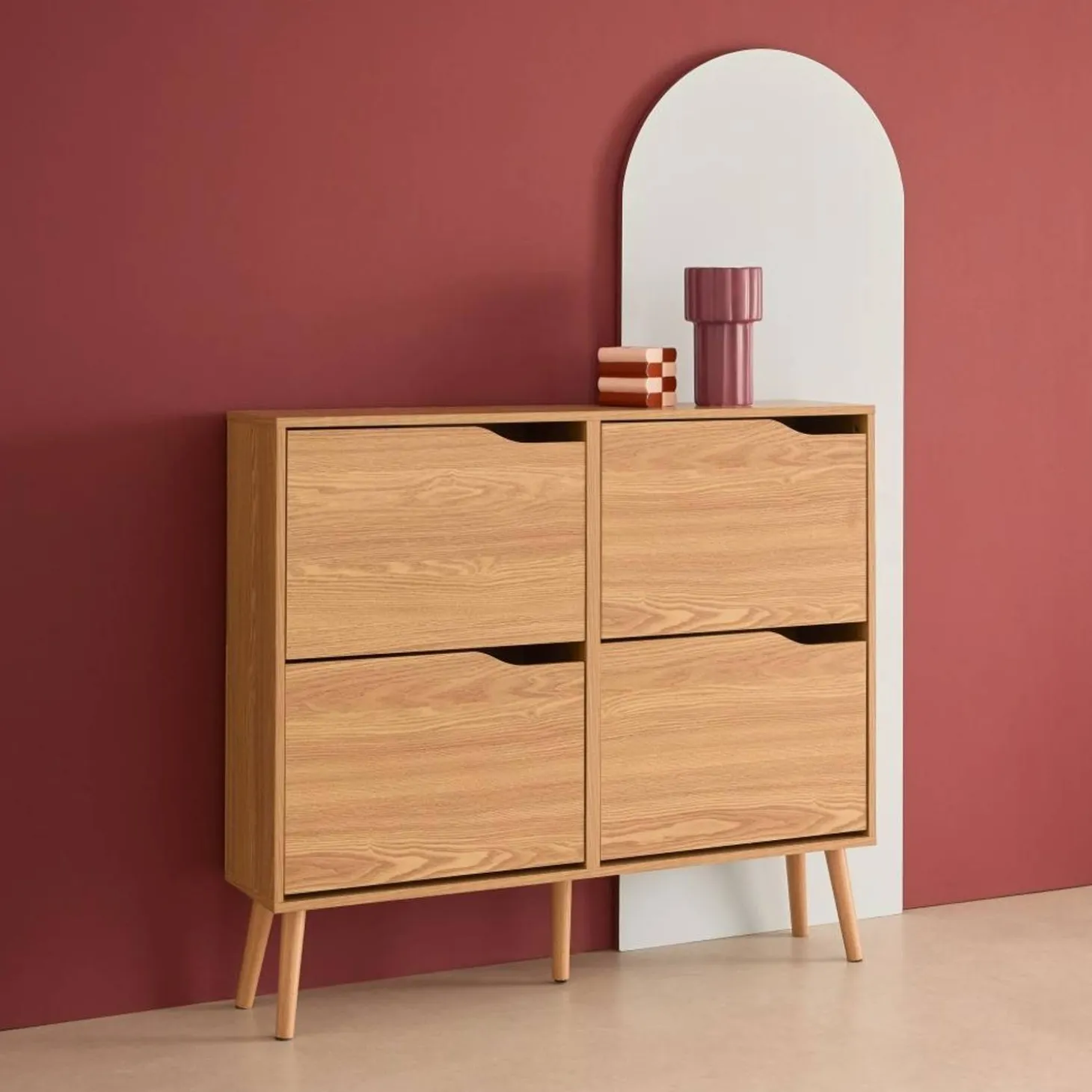 Schoenenkast met 4 kleplades houtdecor 110cm