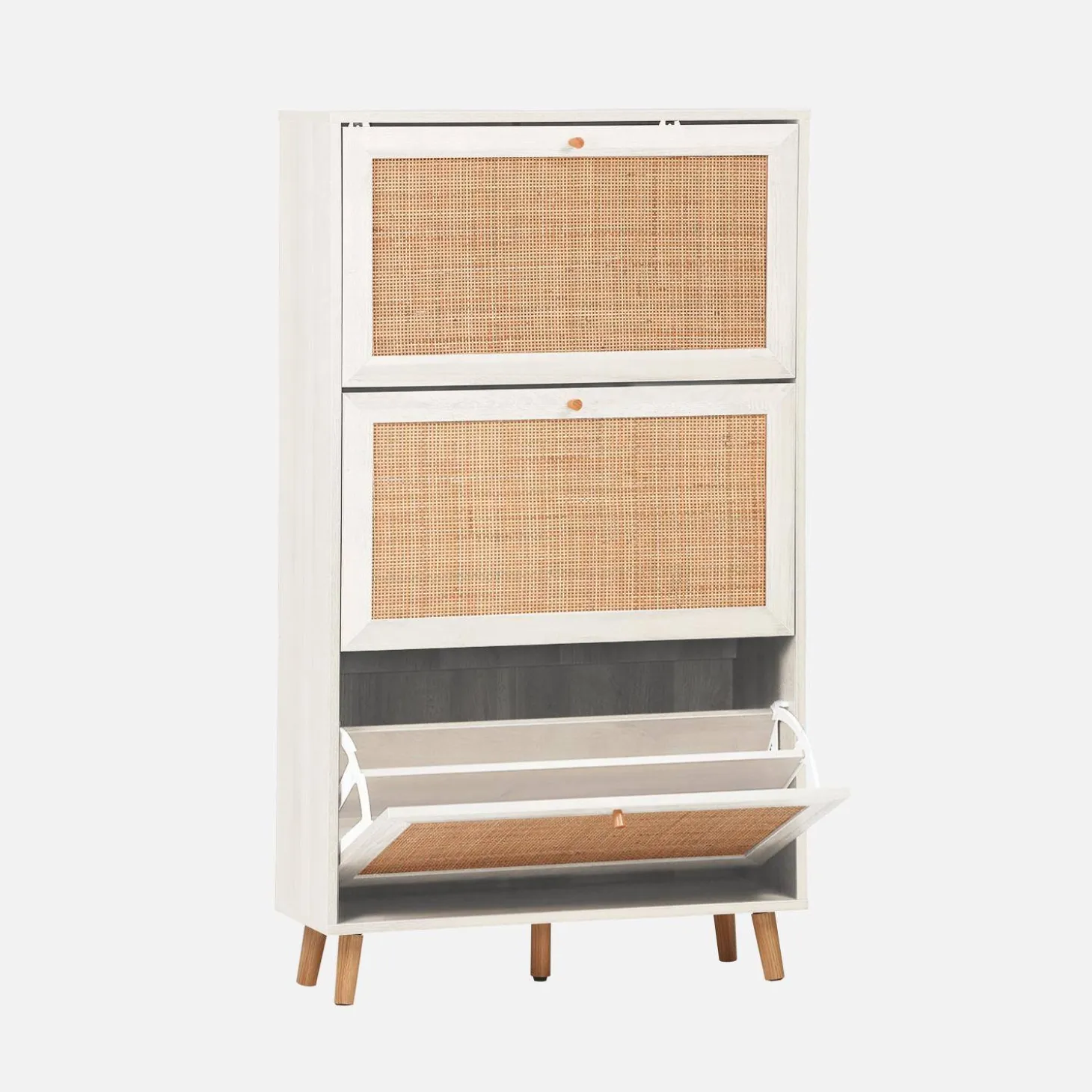 Schoenenkast met 3 kleplades houtdecor en rotan 75cm