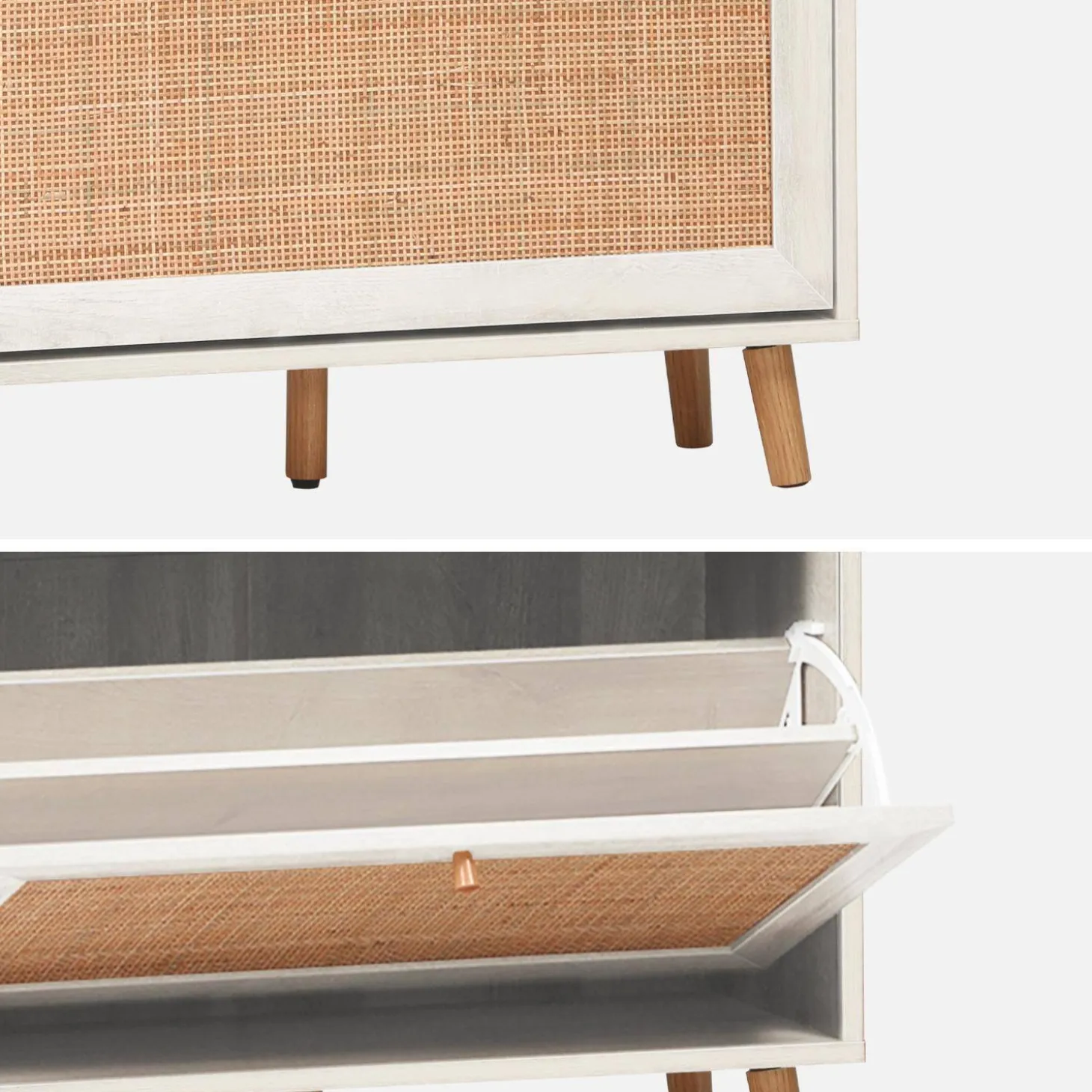 Schoenenkast met 3 kleplades houtdecor en rotan 75cm