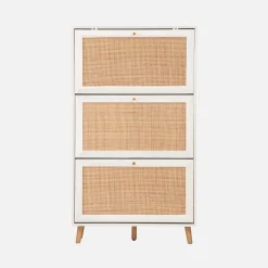 Schoenenkast met 3 kleplades houtdecor en rotan 75cm