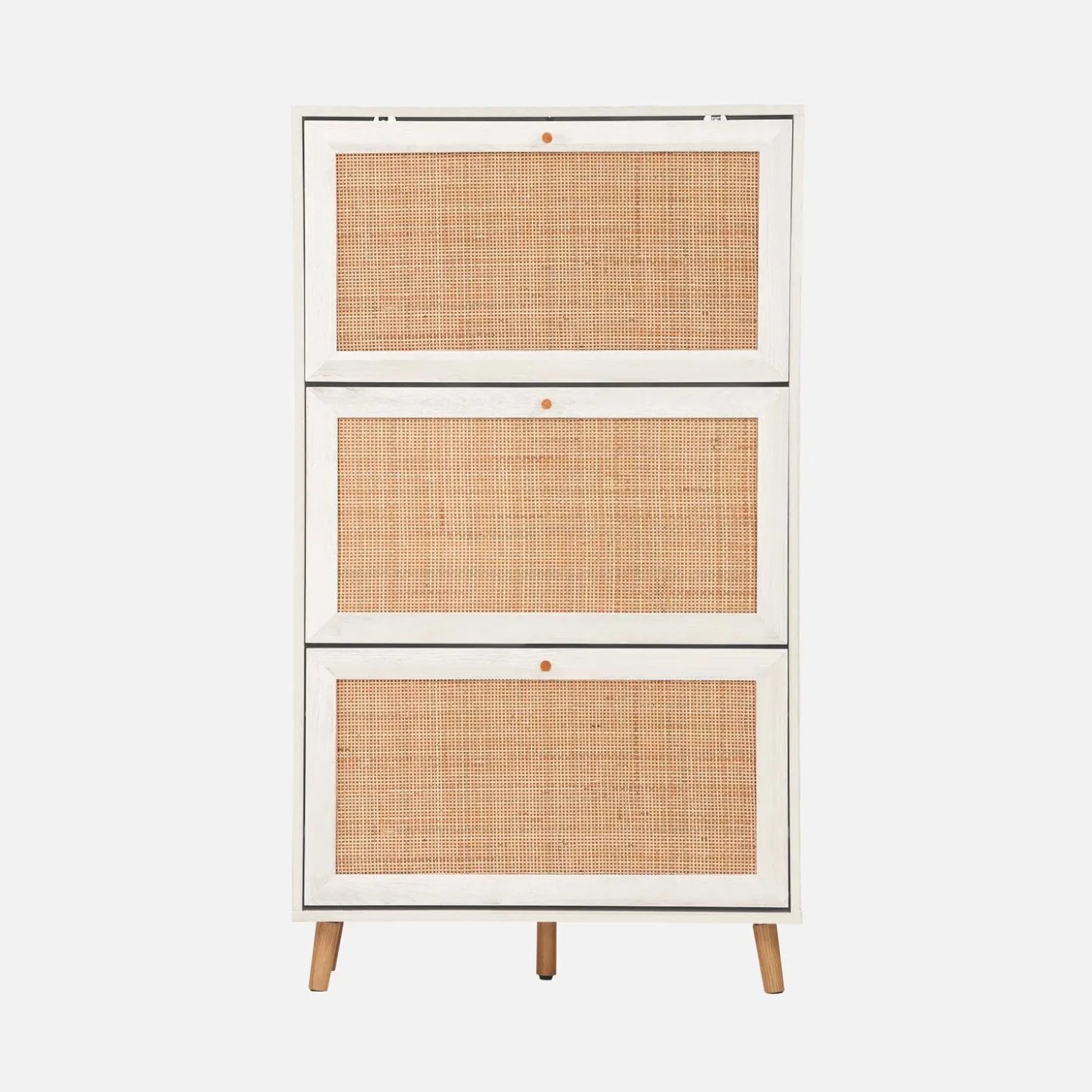Schoenenkast met 3 kleplades houtdecor en rotan 75cm