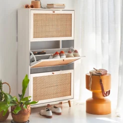 Schoenenkast met 3 kleplades houtdecor en rotan 75cm