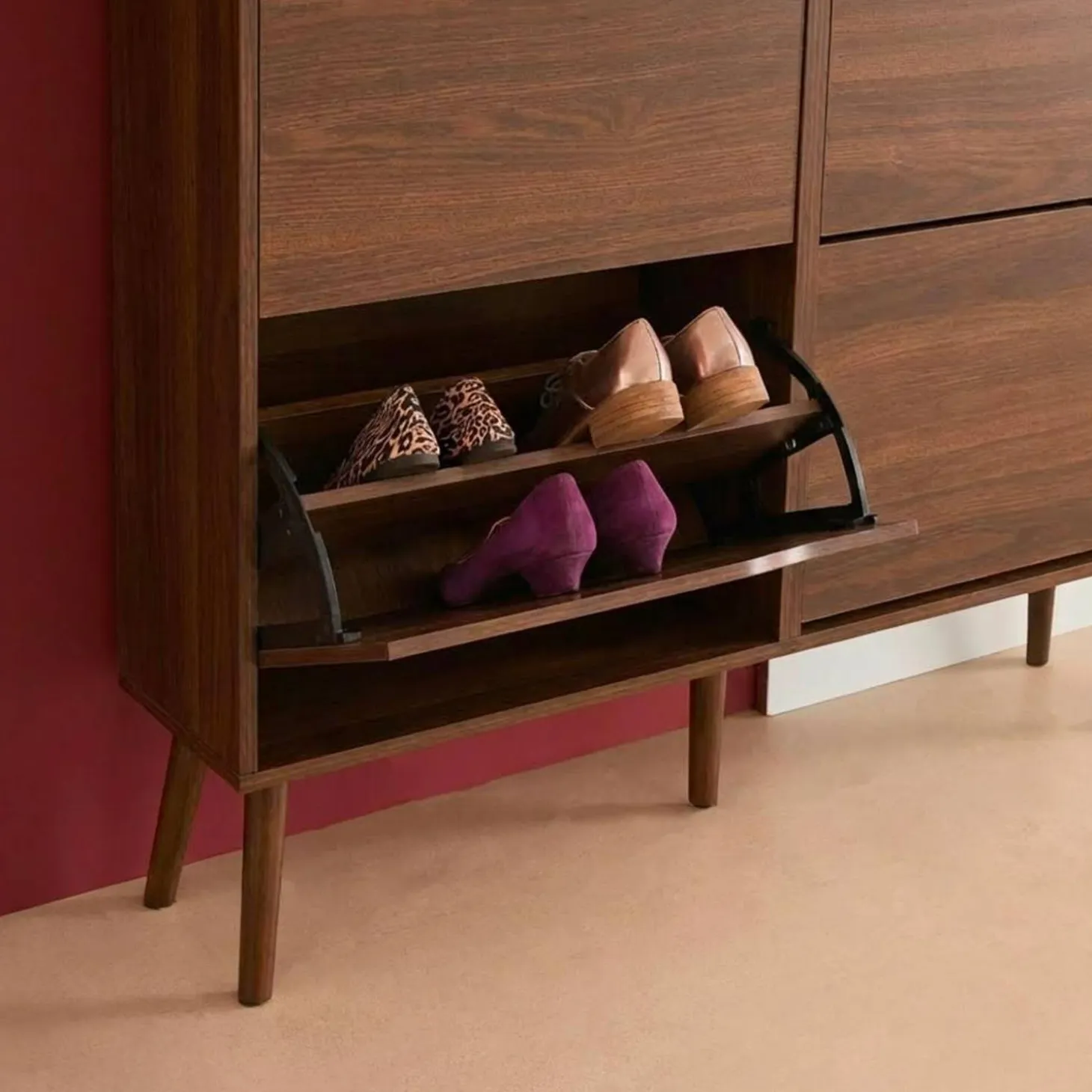 Schoenenkast met 4 kleplades houtdecor 110cm