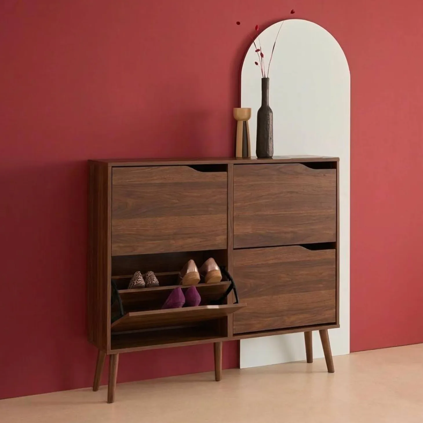 Schoenenkast met 4 kleplades houtdecor 110cm