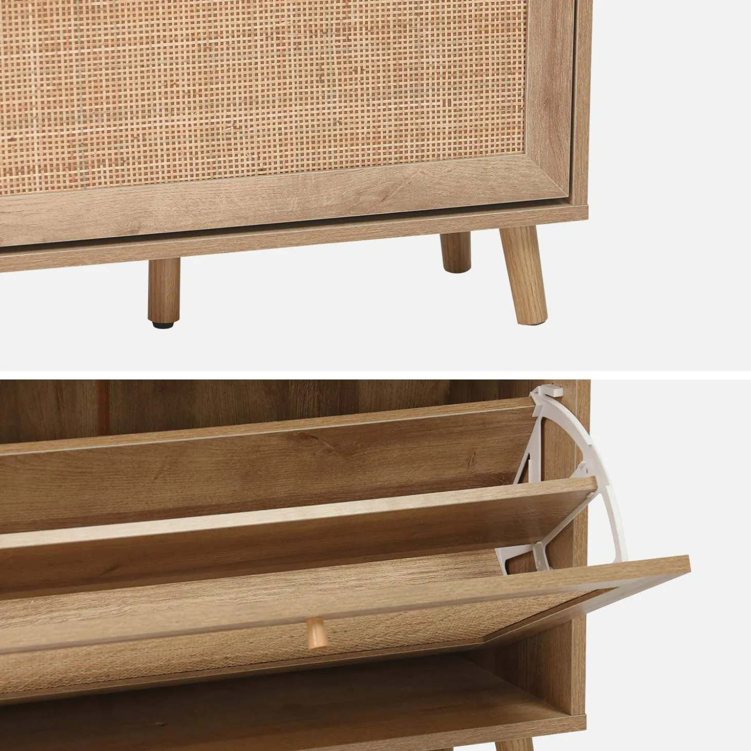 Schoenenkast met 3 kleplades houtdecor en rotan 75cm