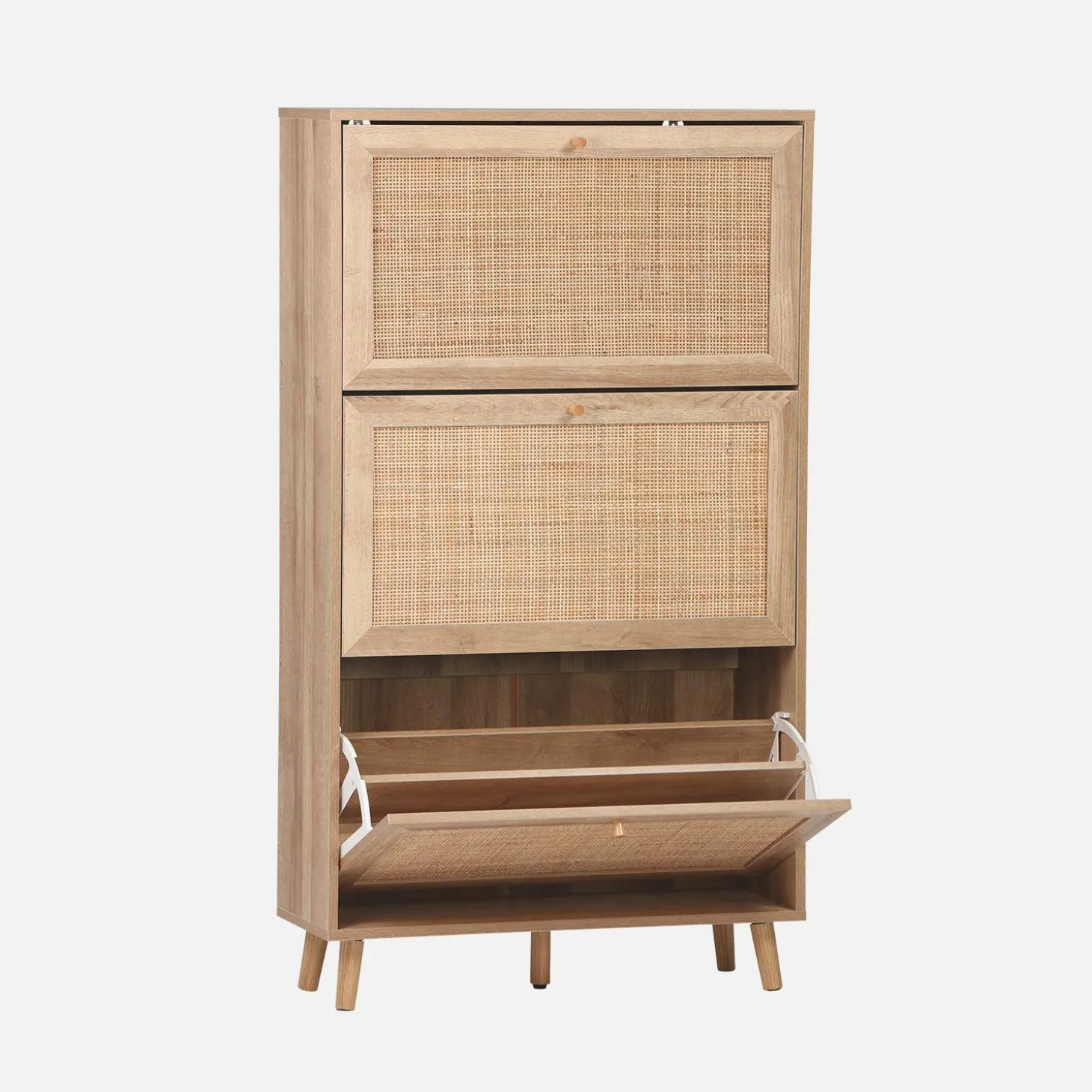 Schoenenkast met 3 kleplades houtdecor en rotan 75cm