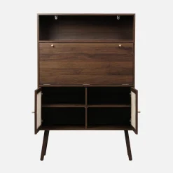 Secretaire bureau kast met houtlook en rotan