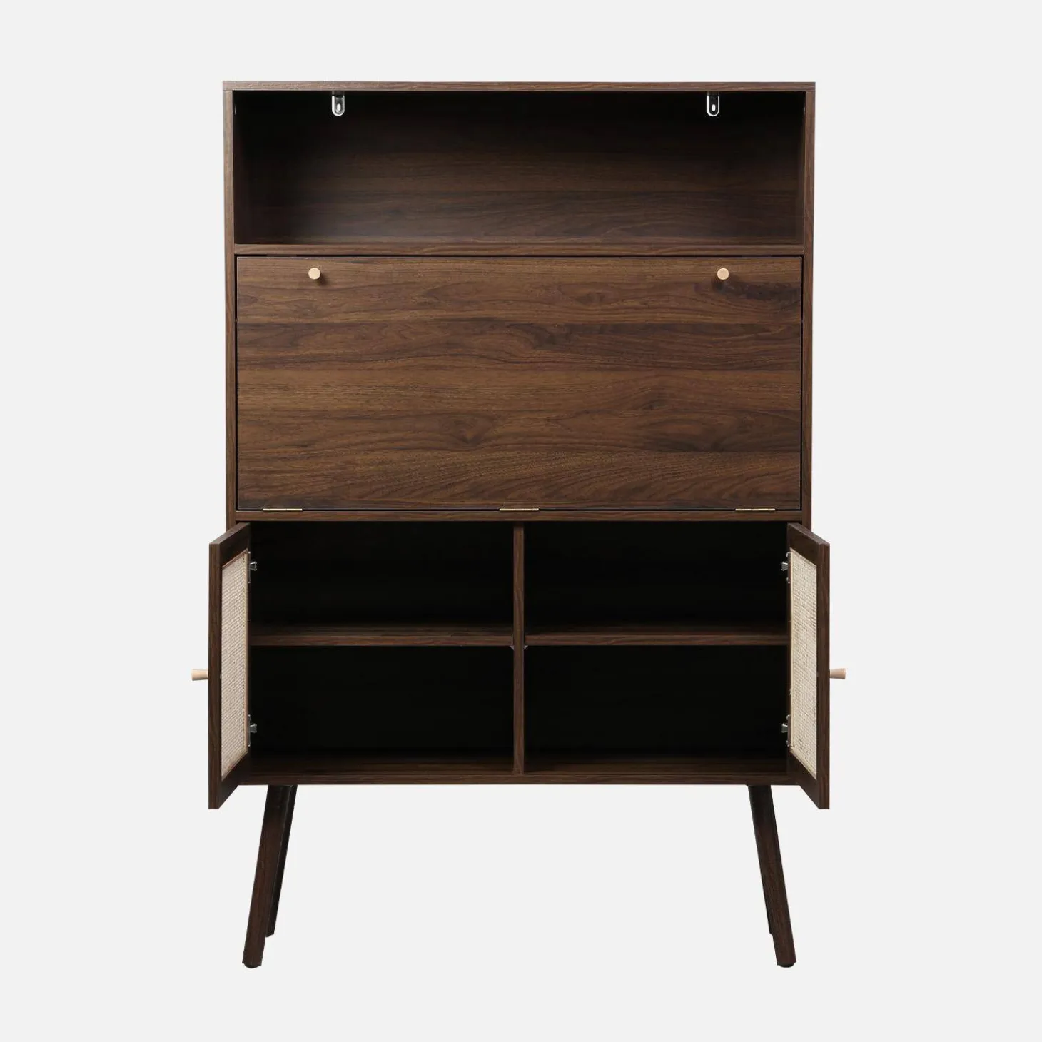 Secretaire bureau kast met houtlook en rotan