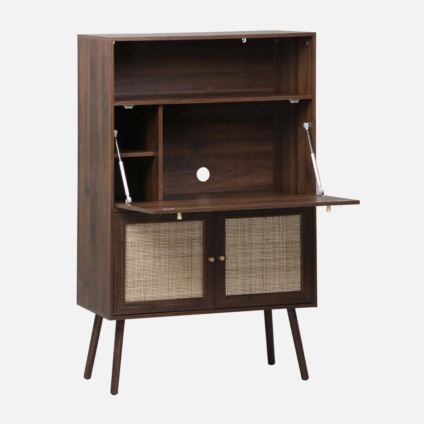 Secretaire bureau kast met houtlook en rotan