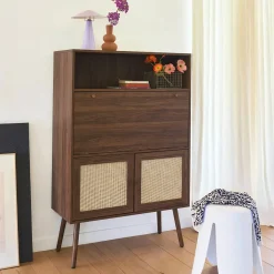Secretaire bureau kast met houtlook en rotan