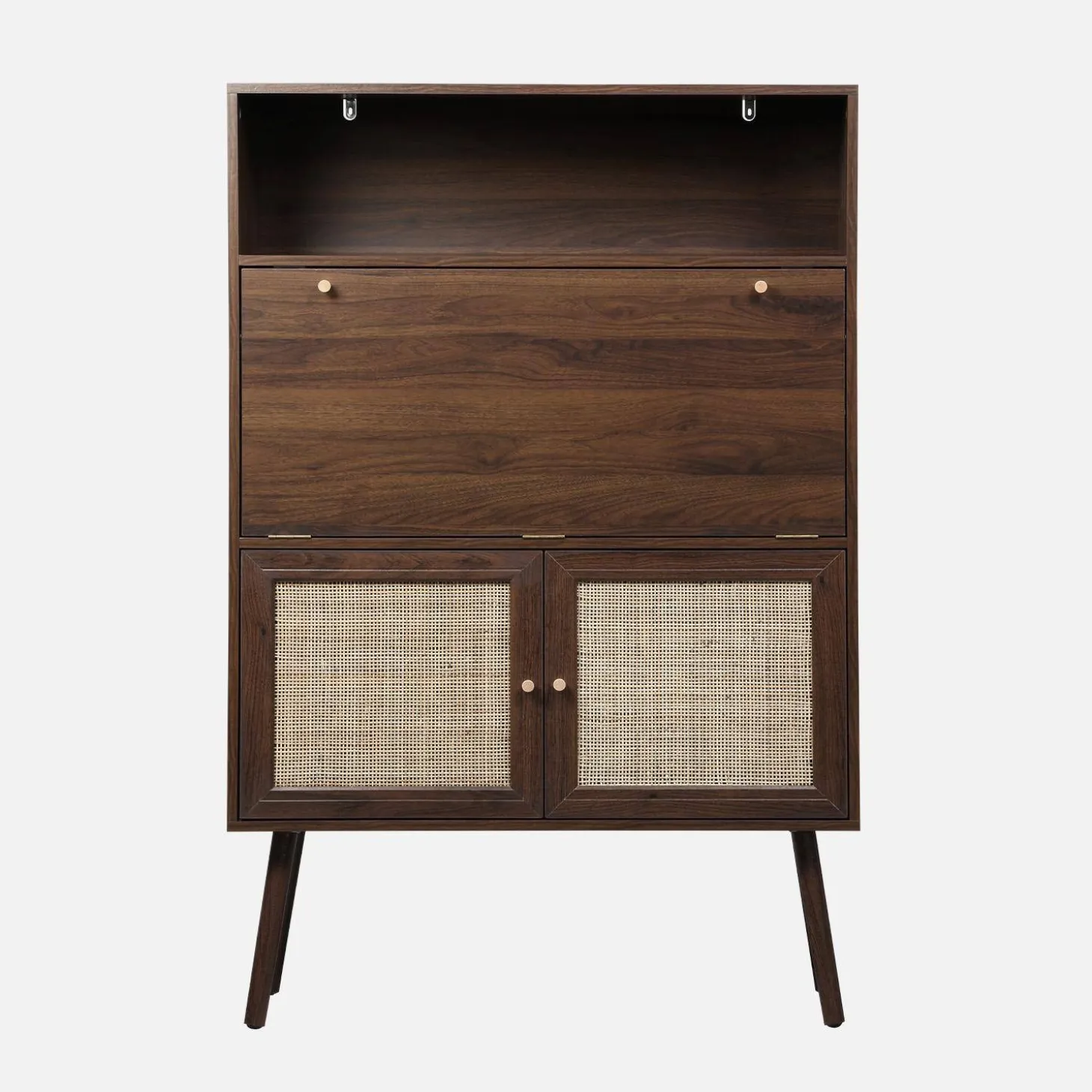 Secretaire bureau kast met houtlook en rotan