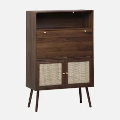 Secretaire bureau kast met houtlook en rotan