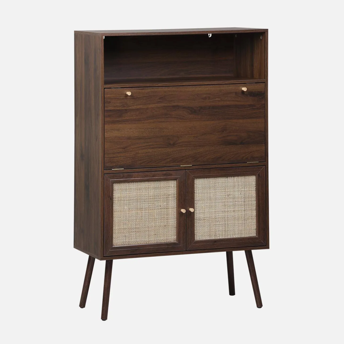 Secretaire bureau kast met houtlook en rotan