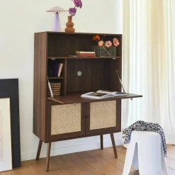 Secretaire bureau kast met houtlook en rotan
