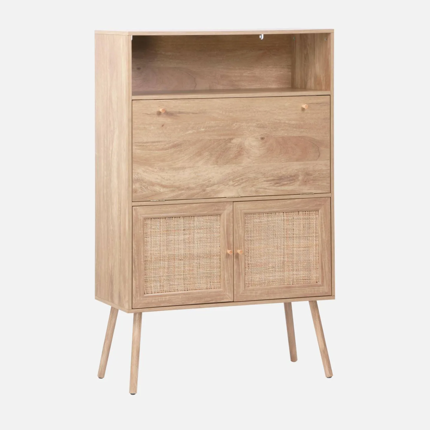 Secretaire bureau kast met houtlook en rotan