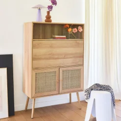 Secretaire bureau kast met houtlook en rotan