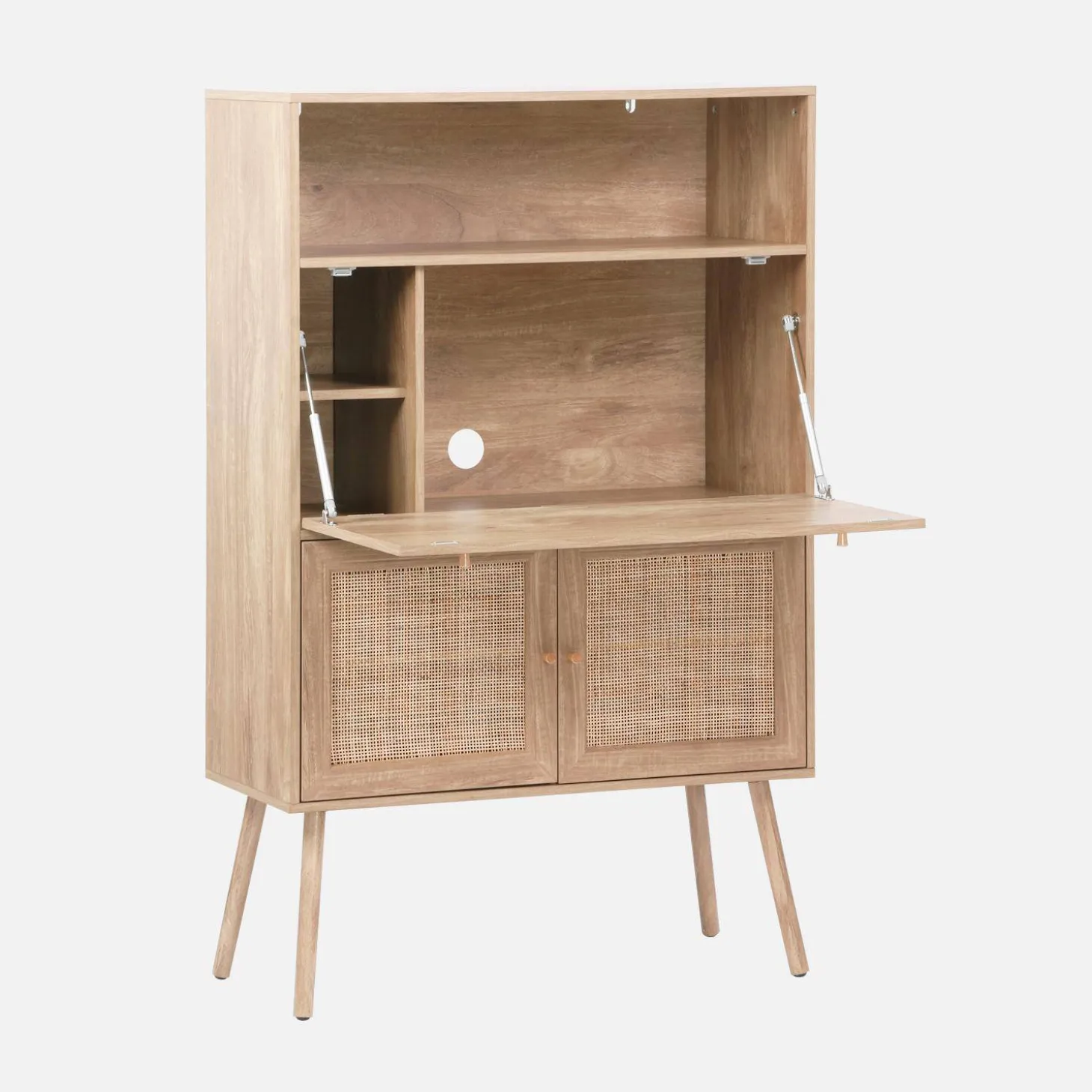 Secretaire bureau kast met houtlook en rotan