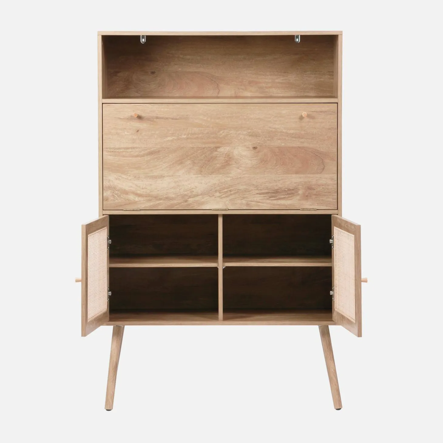 Secretaire bureau kast met houtlook en rotan