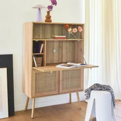 Secretaire bureau kast met houtlook en rotan
